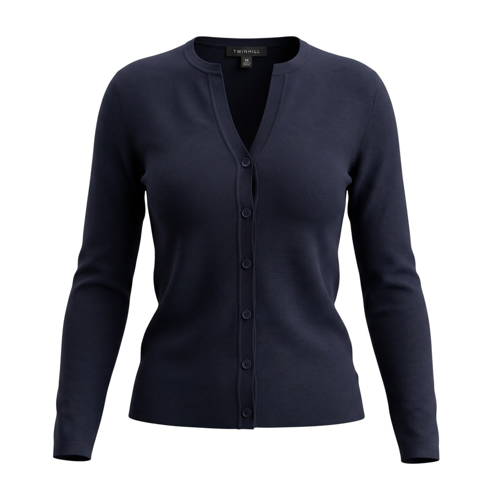Twinhill Womens Navy Blue Split Neck Button Front Ribbed Cardigan Sweater XS